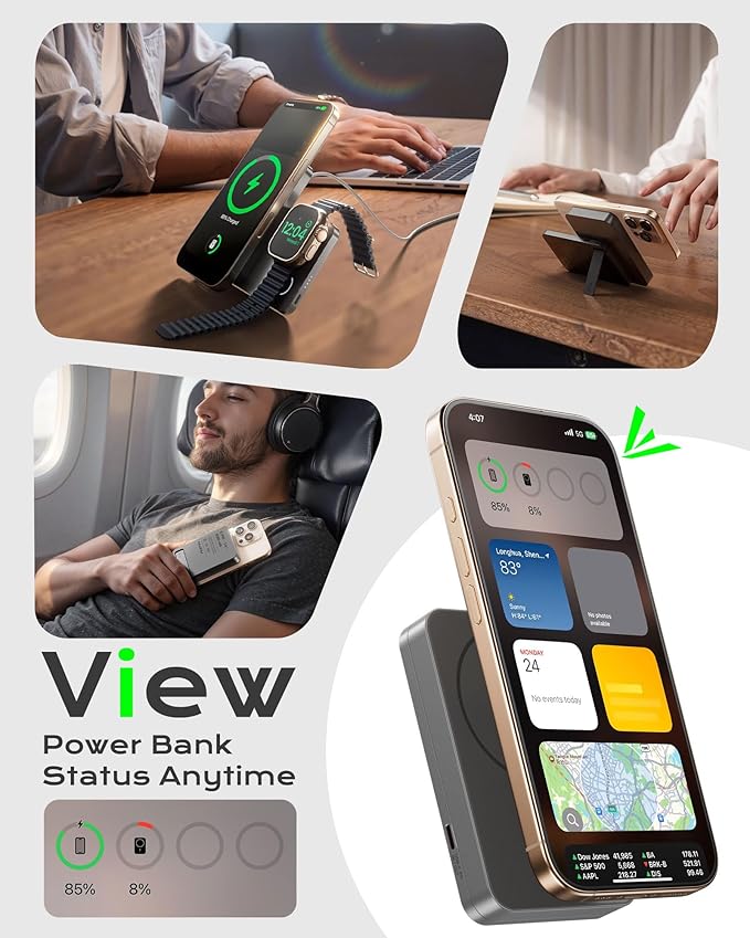Magnetic 3 in 1 Portable Charger Wireless Charging Station, KU XIU 10000mAh Foldable Power Bank 15W Fast Charging, Travel Charger Battery Pack for iPhone 16/15/14/13/12, for Apple Watch, AirPods, Gray