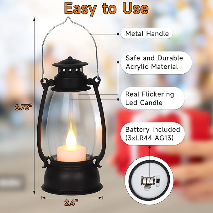 12Pcs Mini Lantern for Cowboy Halloween Christmas Wedding, Black 6" Candle Lantern with Flickering LED for Camping Western Party Decorations, Table Centerpiece, Hanging Lamp Ornaments Bulk