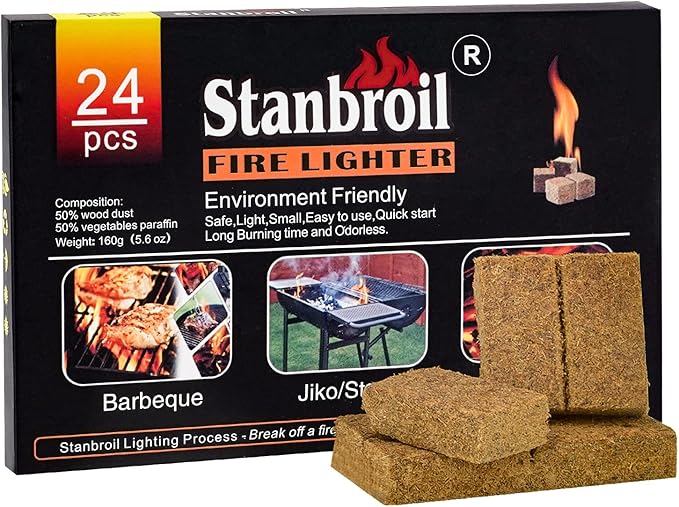 Stanbroil 24 pcs Fire Starters, Squares Natural Charcoal Fire Starters Super Fast Lighting Perfect for Barbecue Grills, Smokers, Wood Stove, Campfires and Outdoor Fireplaces