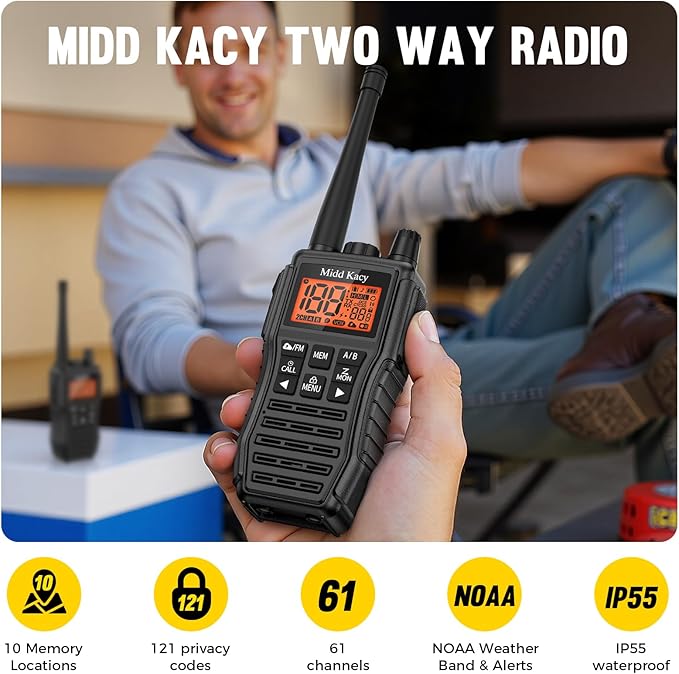 Midd Kacy MK208 Two Way Radio,Walkie Talkies,Multi-Function Walkie-Talkies with 61 Channels,121 Privacy Codes,New Flashlight,MEM,IP55 Waterproof,SOS,NOAA Weather Alerts,VOX-Black,2 Pack