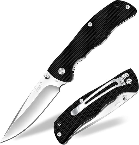 Vickay Pocket Knife for Men, Folding Knife with Clip, 3.74-inch 8Cr13MoV Steel Blade, G10 Handle EDC Knife for Outdoor Camping, Tactical, Hunting and Fishing Gift (Black)