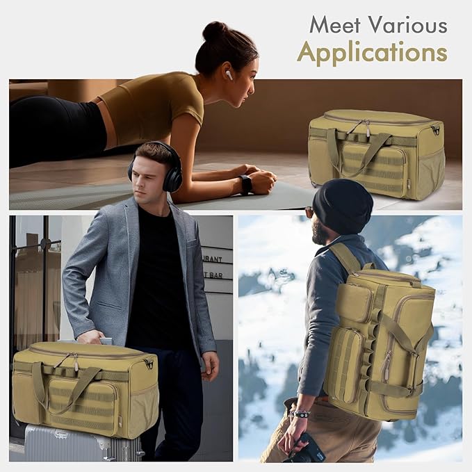 BAGZY Tactical Gym Bags for Men 3 In 1 Travel Duffle Bag 40L with Shoe Compartment Travel Backpack Fitness Weekender Deployment with 1pcs Tactical Toiletry Bag Khaki