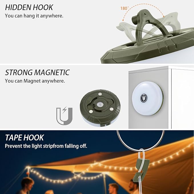 3-Pack Camping String Lights, 4 in 1 Portable Camping Light Rechargeable, 8 Lighting Modes, USB Charging, Quick Storage, 32.8FT Waterproof Tent Lights String for Camping, Hiking, Yard, Christmas
