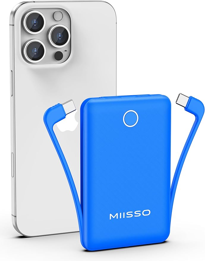 miisso 10000mAh Slim Portable Charger with Built in Cable, Power Bank Travel Charger External Battery Pack for Phone, 3 Output USB Type C Cord Clutch Charger Compatible with iPhone, Deep Blue