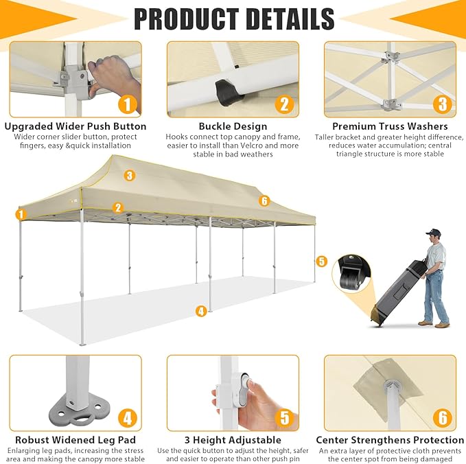 HOTEEL 10x30 Heavy Duty Pop Up Canopy Tent for Parties Event Wedding Commercial Instant Canopy with Wheeled Bag, Party Tent Waterproof UV 50+&Windproof, Upgraded Thick Hexagonal Legs, Khaki
