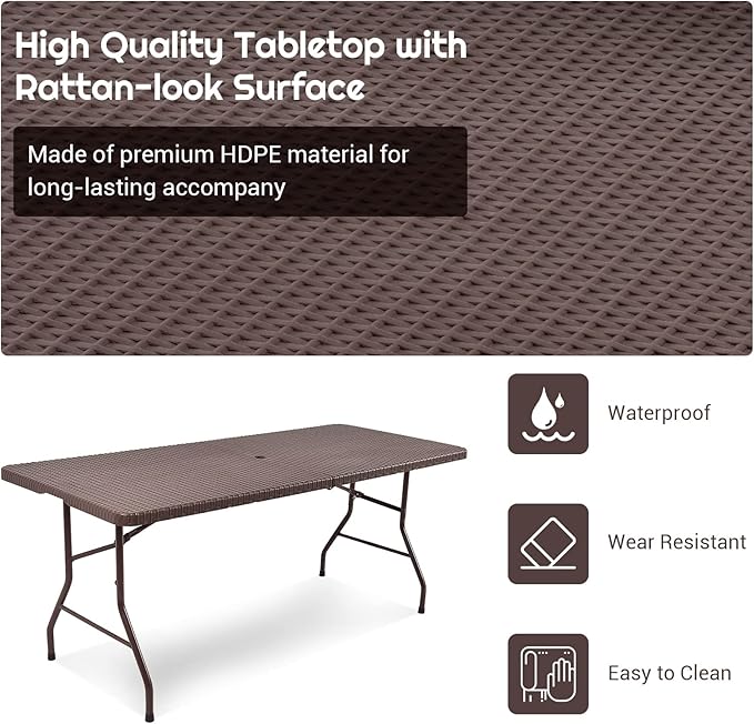 GYMAX 6FT Folding Table, Portable Lightweight Camping Table with Carry Handle, Easy Fold Up Rectangle Indoor/Outdoor Collapsible Table for Camp, Picnic, BBQ, Patio (Rattan Tabletop with Umbrella Hole)