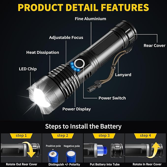Rechargeable Flashlights High Lumens, Handheld LED Flashlights Powerful with 5 Modes,Waterproof Tactical Bright Fflash Light 9000 Lumens Battery Powered for Home, Emergencies, Camping, Hiking, 2 Pack