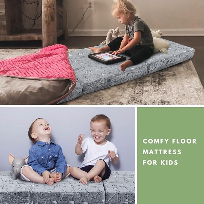 MeMoreCool Glow Dinosaur Foldable Floor Mattress for Kids, Trifold Nap Mat for Toddlers, Portable Daycare Sleeping Futon or Floor Bed, 63x26 Inch