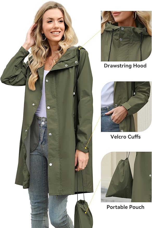 Zando Long Packable Rain Jacket Women Waterproof - Raincoat for Women Rain Coat with Hood Lightweight Outdoor Windbreaker