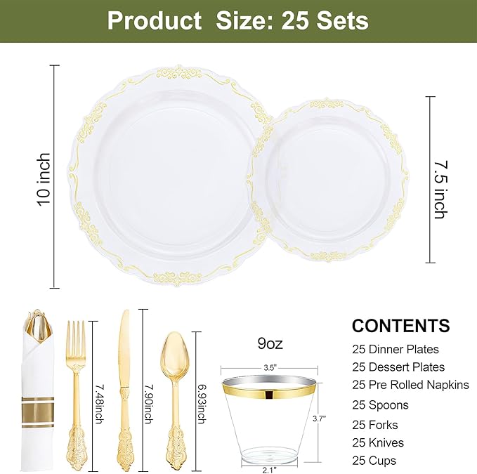 U-QE 175 Pieces Gold Plastic Plates and Napkins Party Supplies - Clear and Gold Dinnerware Set 25 Guest - 25 Dinner Plates, 25 Dessert Plates, 25 Per Rolled Napkins with Cutlery, 25 Cups 9 OZ
