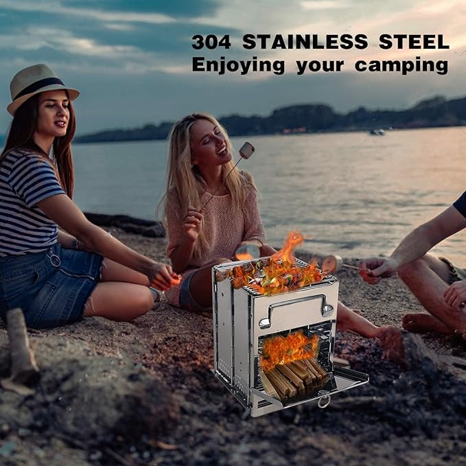 REDCAMP Wood Burning Folding Camp Stove Stainless Steel Grill, Portable Collapsible Backpacking Stove Survival Rocket Stove for Outdoor Tent Camping Hiking Picnic BBQ, Large