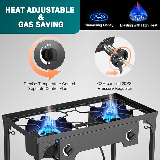 2 Burner Propane or LPG Gas Stove for Outdoor Cooking | 150,000 BTU High-Pressure Heavy-Duty Camping Stove with Regulator | Portable for Backyard, Patio BBQ, Baking, Frying