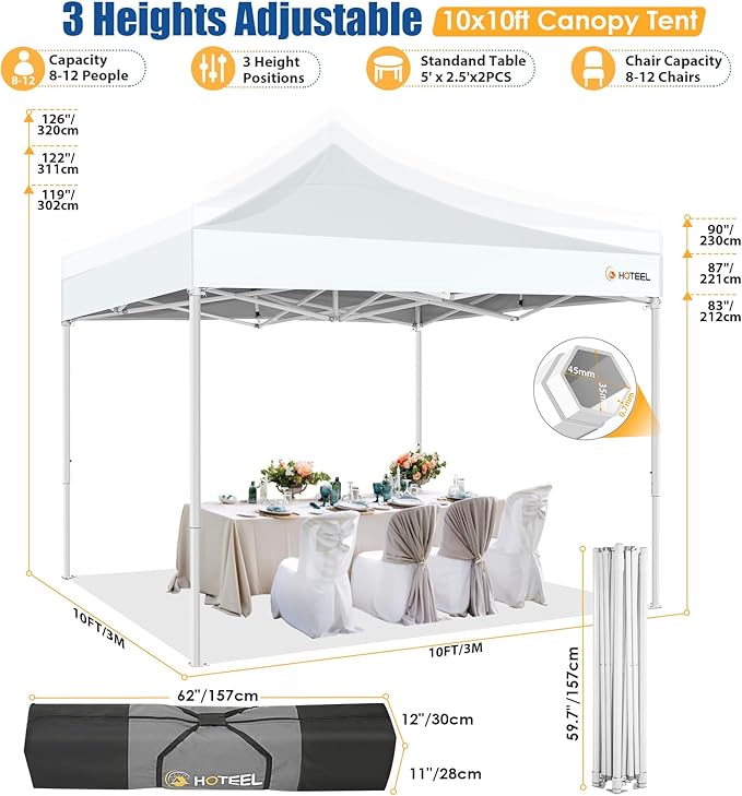 HOTEEL 10x10 Pop up Canopy Tent for Parties, Heavy Duty Easy Setup Tent with 4 Sidewalls, Outdoor Commercial Instant Gazebo for Wedding Event, with Portable Bag, White(Hexagonal Frame)