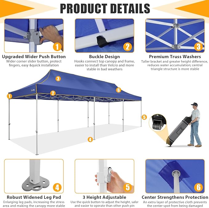 HOTEEL 10x30 Heavy Duty Pop Up Canopy Tent for Parties Event Wedding Commercial Instant Canopy with Wheeled Bag, Party Tent Waterproof UV 50+&Windproof, Upgraded Thick Hexagonal Legs, Deep Blue