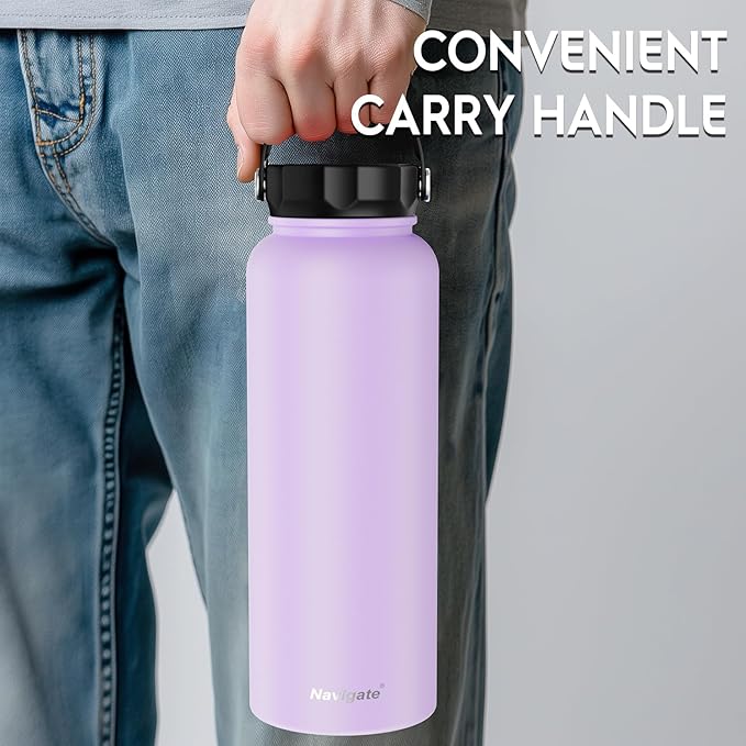 Navigate 40 oz Stainless Steel Insulated Water Bottle,Double Walled Leak Proof Keep Cold for 24 Hrs Hot for 12 Hrs,Wide Mouth Water Jug with Spout & Handle Lids,Purple