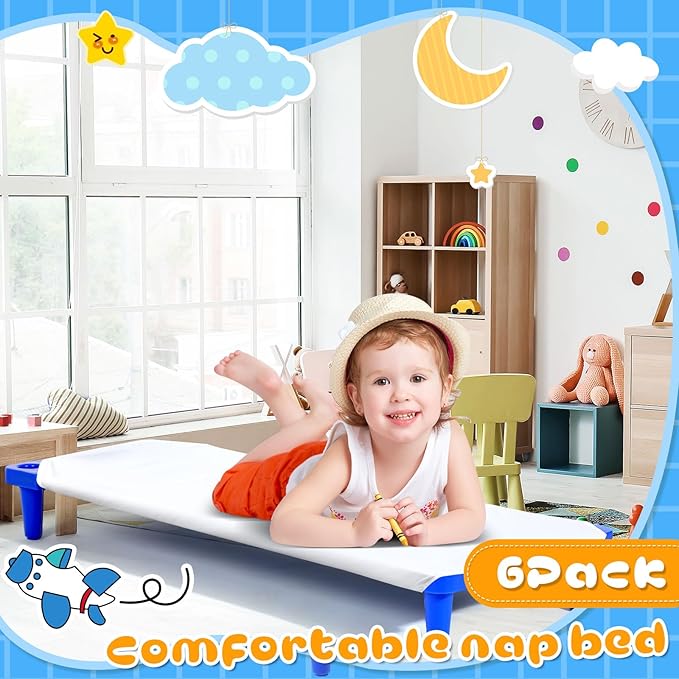 12 Pcs Stackable Daycare Cots for Kids with Sheets 54 l x 23 W T Kids Cots Furniture Bed Frames Headboards Footboards for Sleeping and Daycare (Blue)