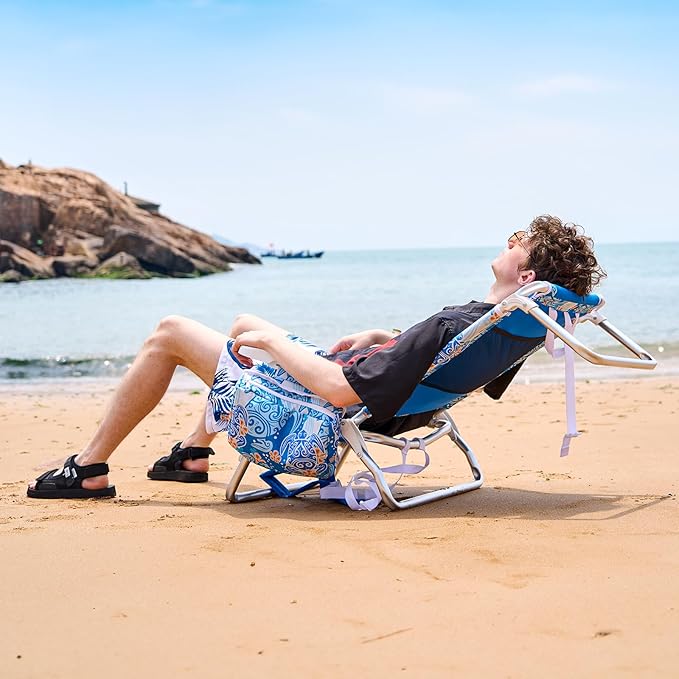 Reclining Beach Chair Backpack 5-Position Lay Flat Lounge Chair for Adults Heavy Duty Portable Folding Lightweight with Cooler Bag Camping Chair for Sand Outdoor