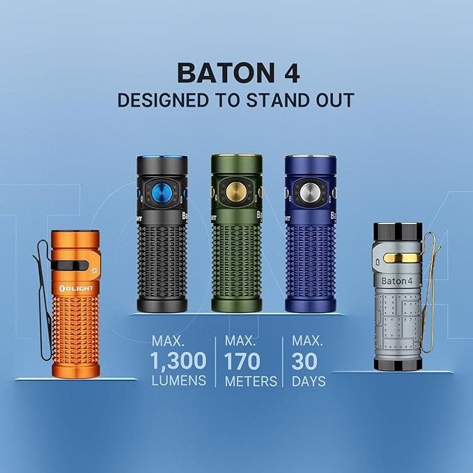 OLIGHT Baton4 Rechargeable EDC Flashlight, Bright LED Flashlight 1300 Lumens with Charging Cable, IPX8 Waterproof, 6 Adjustable Modes Handheld Light for Home, Camping, and Emergencies (Black)