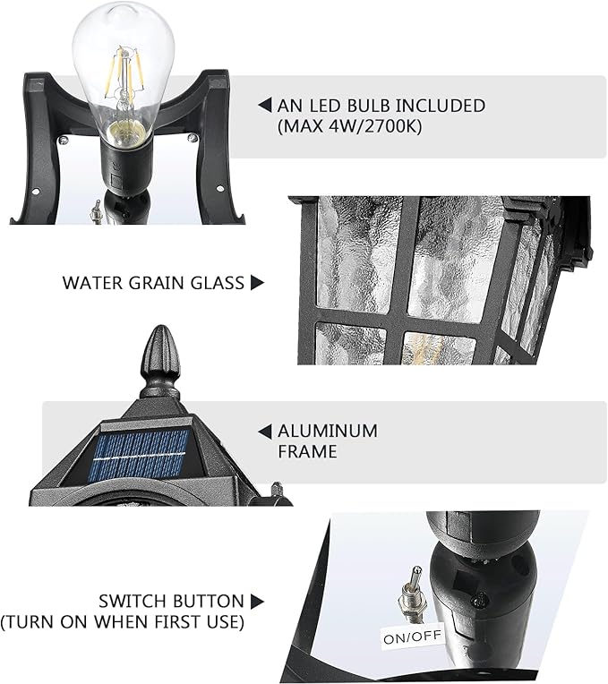 Emliviar 2 Pack Waterproof Solar Post Lamps in Black Finish for Pathway, 17.3'' Dusk to Dawn Garden Patio Post Lights Includ LED Bulbs with Water Grain Glass Shade, YXE302P-2PK SL BK