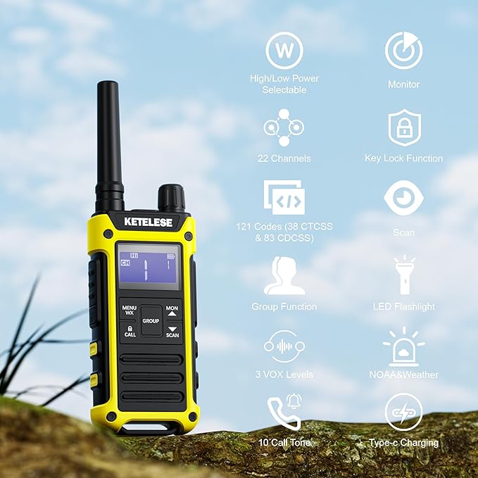 T3F IP67 Waterproof Walkie Talkies, FRS Two Way Radio with Earpiece, Triple Proof, Three Charging Options, USB/Type C Radio, NOAA, VOX (2 Pack), Black/Yellow
