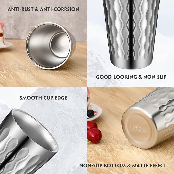 8 Pack 16oz Stainless Steel Cups Pint Cup Metal Double Layer Insulated Drinking Beer Water Tumbler Camping Reusable Stackable for Office Party Hot Cold Drink
