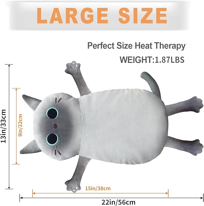 Microwave Heating Pad for Cramps Pain Relief, 22 * 13'' Moist Microwavable Stuffed Animal Period Menstrual Heating Pads for Back, Neck Shoulder and Knee, Big Siamese Cat