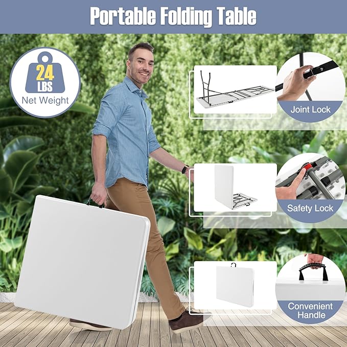 Goplus 6ft Plastic Folding Table, 350 LBS Outdoor Heavy Duty Folding Tables with HDPE Tabletop, Handle, Lock, Foldable Rectangle Portable Utility Card Table for Picnic, Party, Camping, Dining