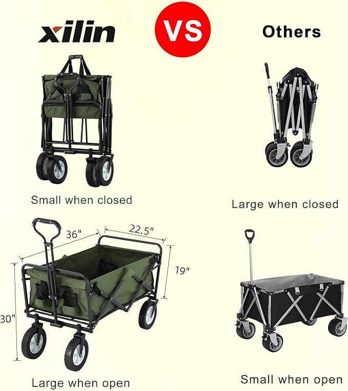 220 lbs Capacity Folding Wagon, Utility Garden Cart Collapsible with Wheels for Outdoor Camping, Green
