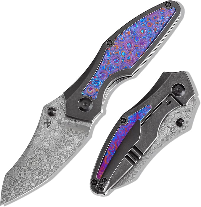 KANSEPT Baba Yaga Pocket Folding Knives for Men Women Camping Hiking Folding Knife 3.06'' Satin Damascus Blade EDC Knife with Titanium Timascus Inlay Timascus Clip Handle Everyday Carry K1074A8