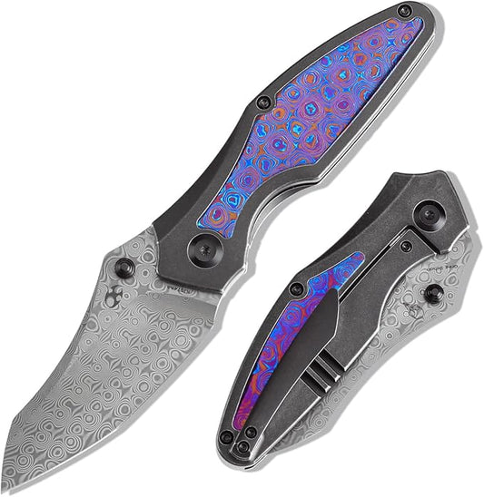 KANSEPT Baba Yaga Pocket Folding Knives for Men Women Camping Hiking Folding Knife 3.06'' Satin Damascus Blade EDC Knife with Titanium Timascus Inlay Timascus Clip Handle Everyday Carry K1074A8