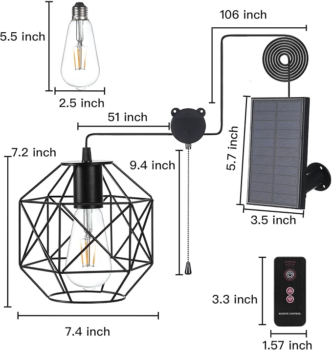 Solar Pendant Lights Outdoor, Shed Light Solar Powered Gazebo Lights Outdoor Chandelier Hanging Lights,Solar Lights Indoor with Pull Cord for Home Chicken Coop Barn Garage Storage