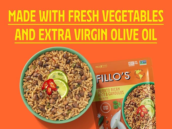 Fillo's Puerto Rican Rice And Gandules - Ready To Eat Rice With Beans, Gluten-Free, Preservative-Free, Microwavable Meals, Non-GMO, Vegan, Plant Protein, 8 oz Pk of 6