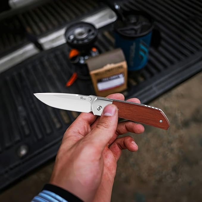 Small Folding Pocket Knife, Drop-Point D2 Blade, Sturdy Wooden Handle, Deep Carry Pocket Clip – Ideal for Camping, Hunting, Hiking & EDC, Gift for Women, Men