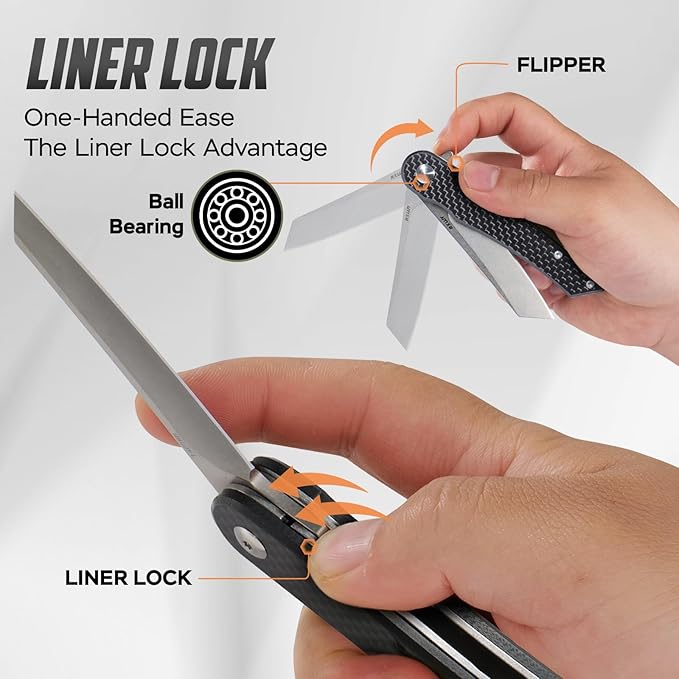 Folding Pocket Knife with Leather Sheath, 2.79” 14C28N Steel Blade Carbon Fibre Handle Flipper Liner Lock Small EDC Folding Knife, Sharp Camping Outdoor Survival Knives for Men Women (Black)