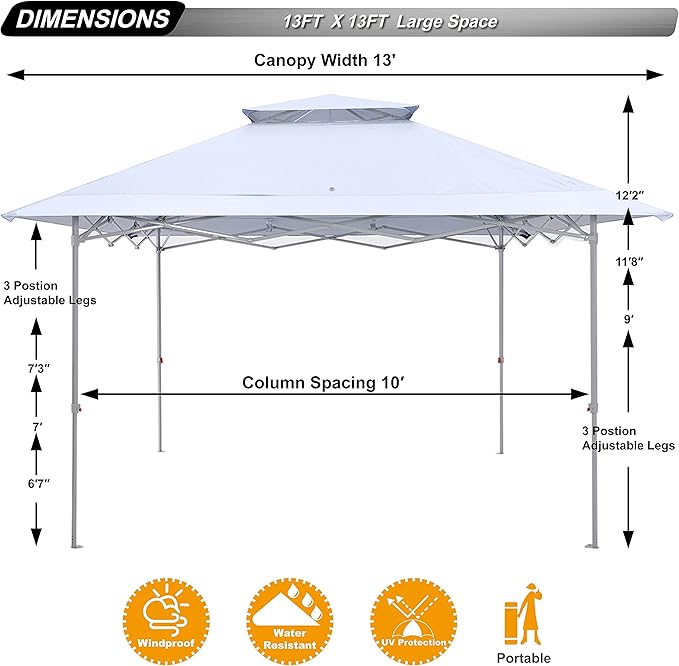 ABCCANOPY 13x13 Pop Up Canopy Base on 10x10 Canopy Frame with Double Ventilated Top, 4 Sandbags, 4 Ropes and 8 Stakes (White)