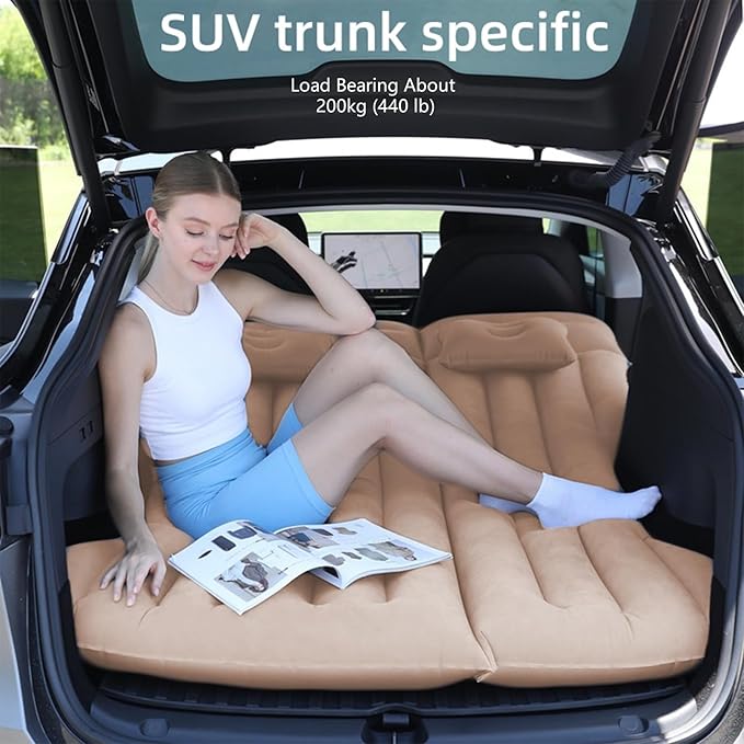 Car Air Mattress for Tesla Model Y, Inflatable SUV Mattress Camping Bed fit Cars RV Van Truck Backseat Trunk, Foldable Portable Bed Sleeping Pad Tent Mat for Car Home Camping Travel (Beige)