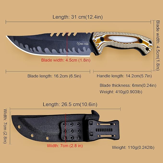 BA-KOR 12.4in Full Tang Fixed Blade Hunting Knife โ 6mm 9CR18MoV Steel, G10 Handle, Stonewashed Sawback Blade with Kydex Sheath & Fire Starter for Outdoor, Camping, Survival (White and brown stripes)