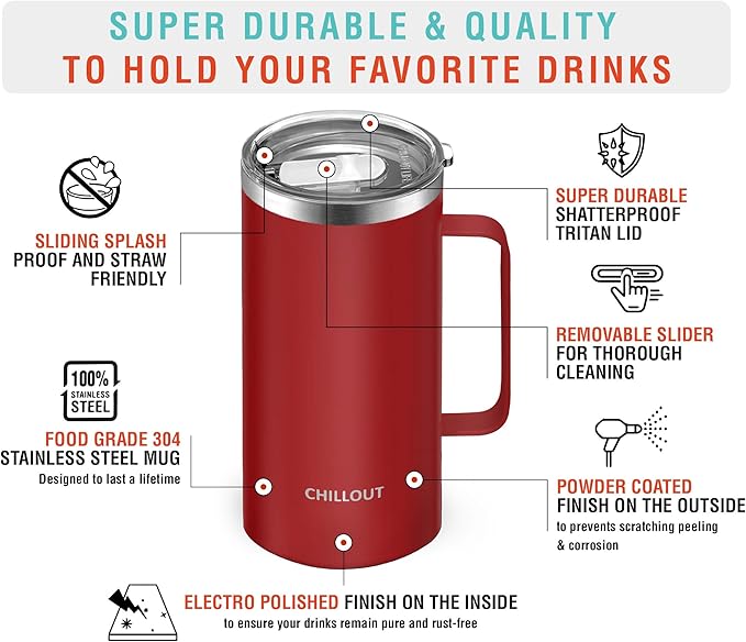 CHILLOUT LIFE Stainless Steel Vacuum Insulated Coffee Mug 16 oz (Set of 2) with Handle and Lid, Large Thermal Camping Coffee Mugs with Sliding Lid for Men & Women, Keeps Your Beverages Hot & Cold