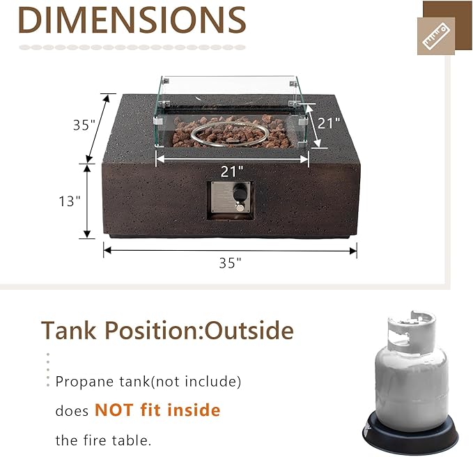 COSIEST Outdoor Propane Fire Pit Coffee Table w Square Faux Stone 35-inch Base, CSA Certified, 50,000 BTU Stainless Steel Burner, Free Lava Rocks and Rain Cover, Wind Guard, Brown