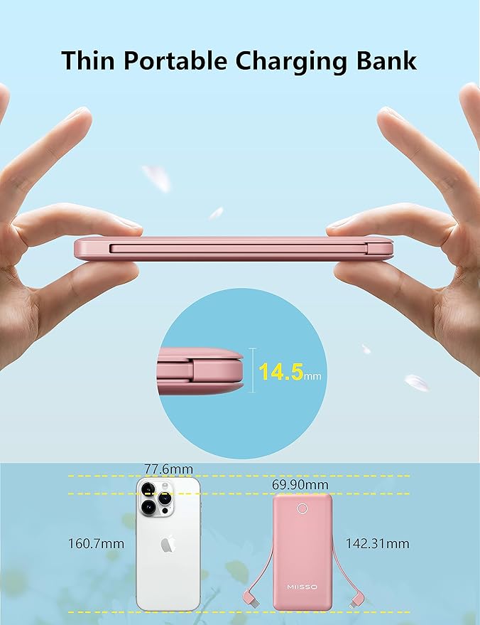 miisso 10000mAh Slim Portable Charger with Built in Cable, Power Bank Travel Charger External Battery Pack for Phone, 4 Output USB Type C Cord Clutch Charger Compatible with iPhone, Light Pink
