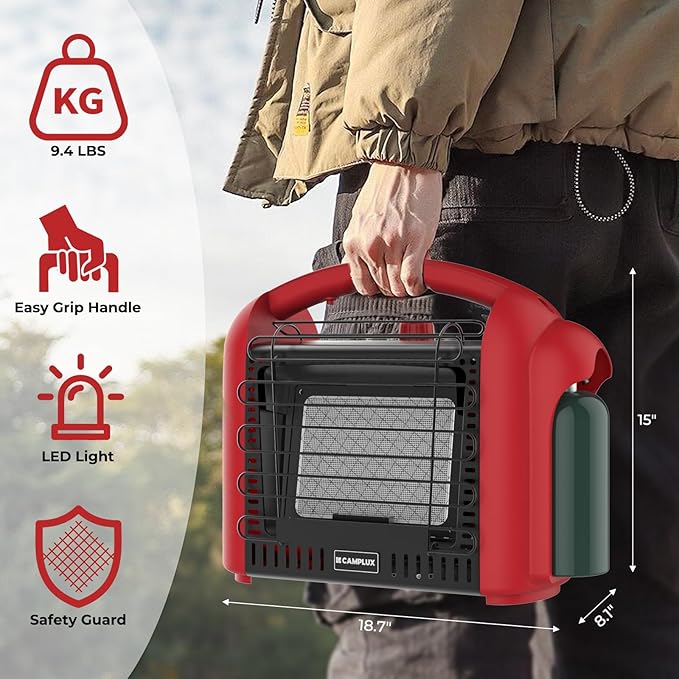 CAMPLUX Portable Propane Heater Outdoor and Indoor, 12000 BTU LP Gas Buddy Heater for Camping with ODS & Tip-over Protection, 1lb Propane Radiant Heating with LED light, Red