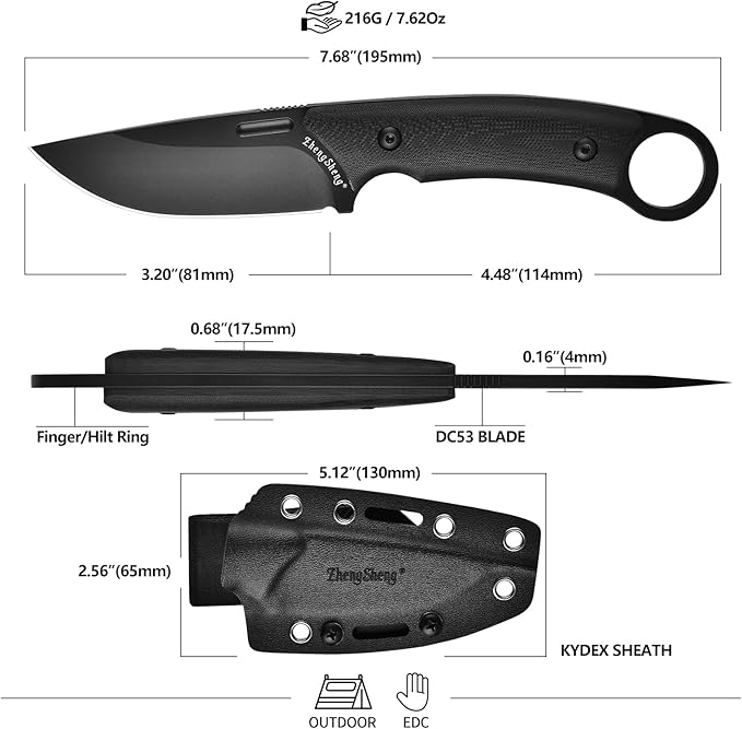 Fixed Blade Knife with Sheath, 3.2” DC53 Steel blade with Black Titanium Coating and G10 Handle Full Tang Outdoor Camping Hiking Survival Knives for Men Women