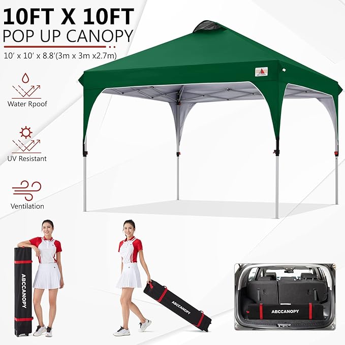 ABCCANOPY Outdoor Pop up Canopy Tent, 10x10 Instant Portable Canopy for Camping, Beach, Backyard, Green