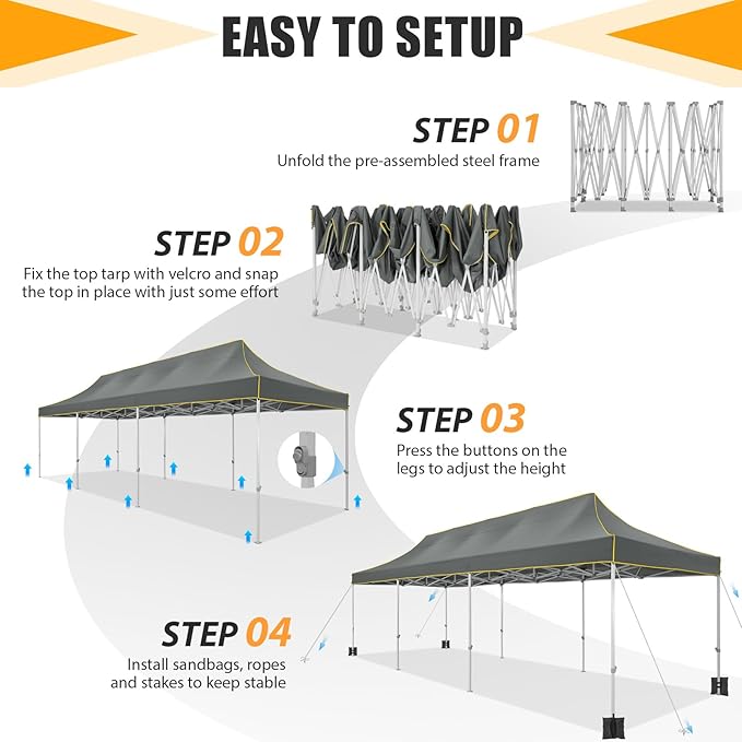 HOTEEL 10x30 Heavy Duty Pop Up Canopy Tent for Parties Event Wedding Commercial Instant Canopy with Wheeled Bag, Party Tent Waterproof UV 50+&Windproof, Upgraded Thick Hexagonal Legs, Gray