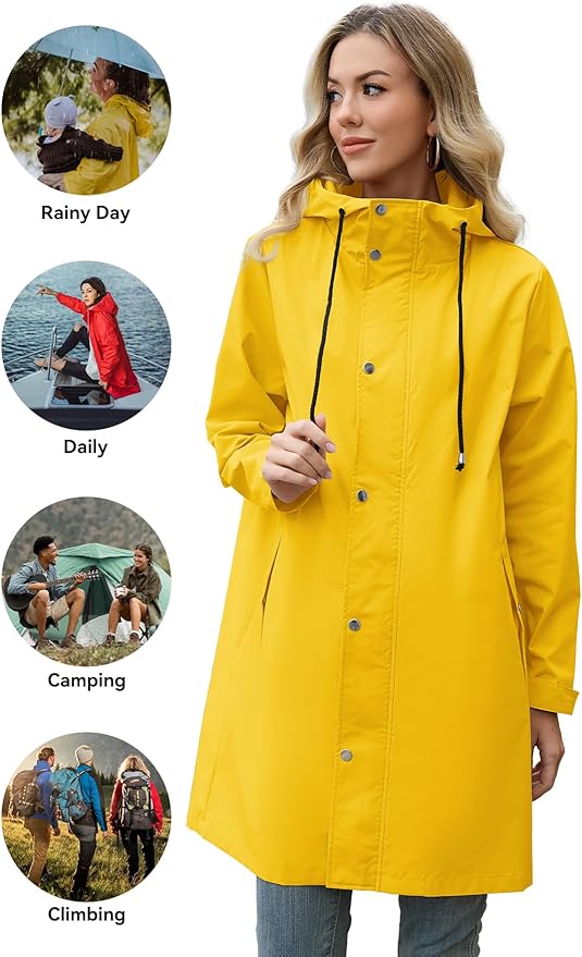 Zando Long Packable Rain Jacket Women Waterproof - Raincoat for Women Rain Coat with Hood Lightweight Outdoor Windbreaker
