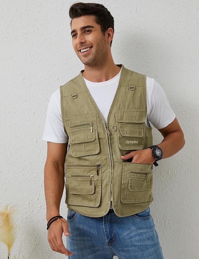 Gihuo Men's Fishing Vest Casual Utility Travel Safari Cargo Outdoor Work Photo Fly Vest Jacket with Multi Pockets