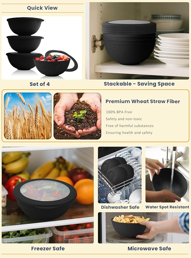 Homienly Wheat Straw Bowls with Lids, Unbreakable 40 OZ Salad Container for Lunch, Dishwasher Safe Cereal Bowl for Kitchen, Camping, Picnic, 8 Piece Plastic Bowl Set includes 4 Bowls and 4 Lids, Black
