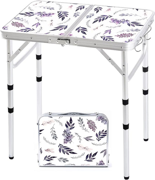 Folding Camping Table 2ft Portable Pinic Table Adjustable Height Small Card Table Aluminum Foldable Lightweight with Carry Handle for Outdoor Indoor Hiking Camp BBQ Beach (Misty Lilac)