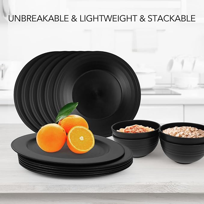 greenandlife 10inch/6pcs Dishwasher & Microwave Safe Wheat Straw Plates, Alternative for Plastic Plates, Lightweight Reusable Unbreakable Dinner Plates, Non-toxin, BPA Free for Kids Adults, Black