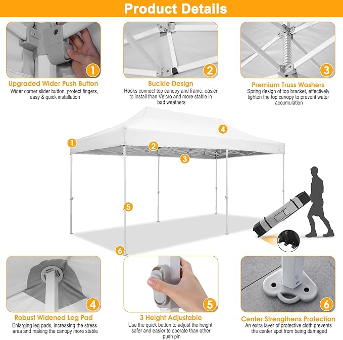 HOTEEL 10x20 Heavy Duty Pop Up Canopy Tent for Parties Event Wedding Commercial Instant Canopy with Roller Bag, Party Tent Waterproof UV 50+&Windproof, Upgraded Thick Hexagonal Legs, White